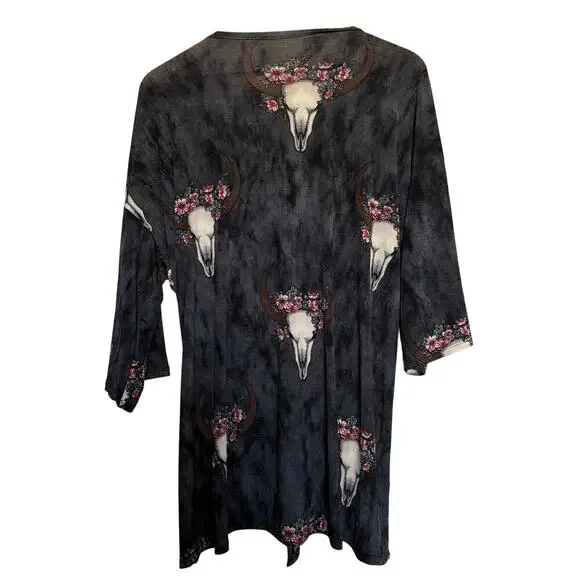 Floral Longhorn Skull Print Kimono Cardigan Boho Western Core M Coastal Cowgirl - Picture 6 of 10